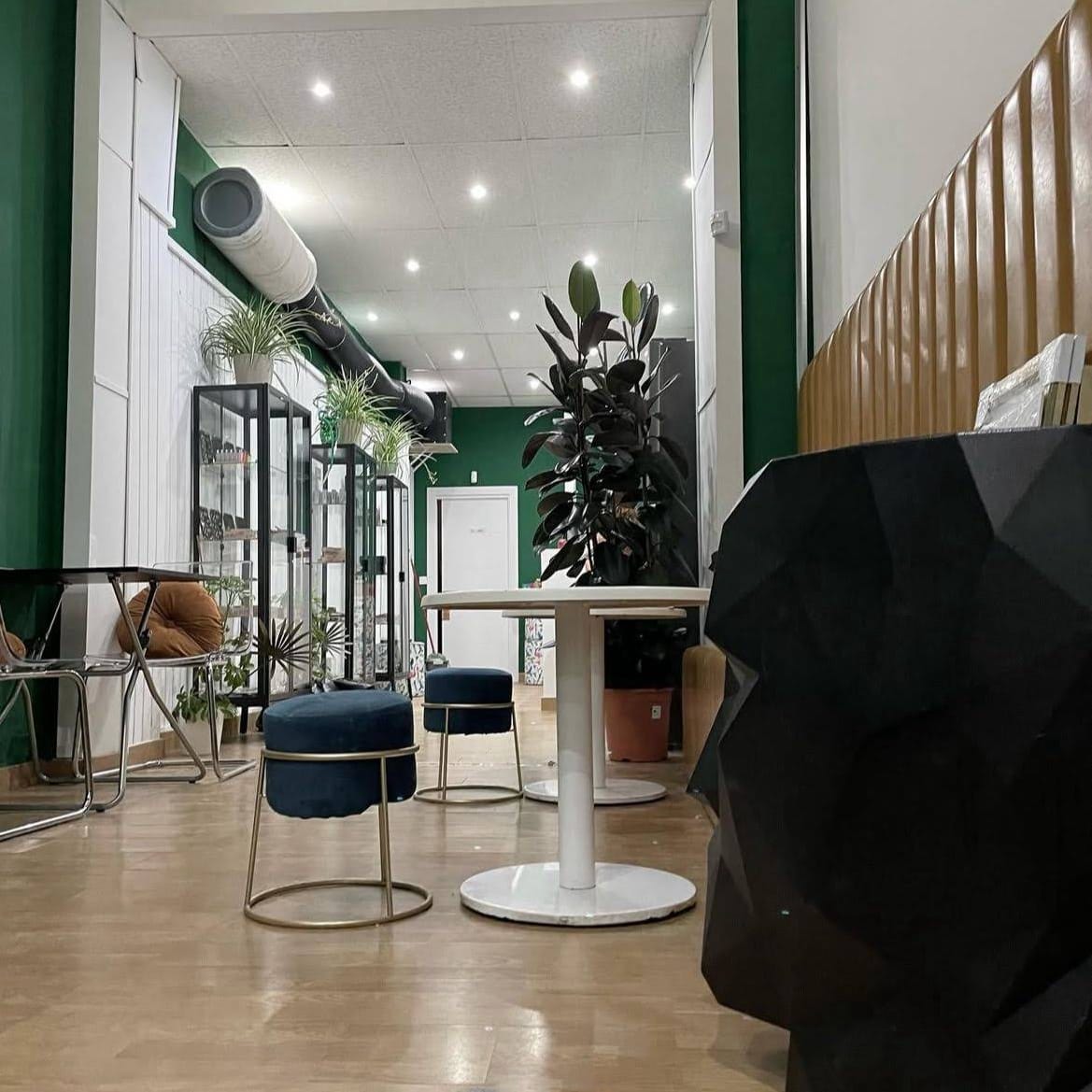 Zona lounge moderna con detalles verdes y mobiliario de diseño en el club de cannabis Ludico Madrid