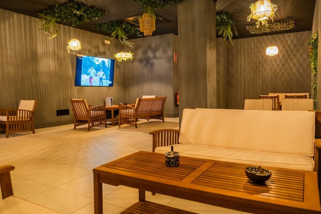Rincón con televisión del club social cannábico Shambala en Valencia con decoración vegetal