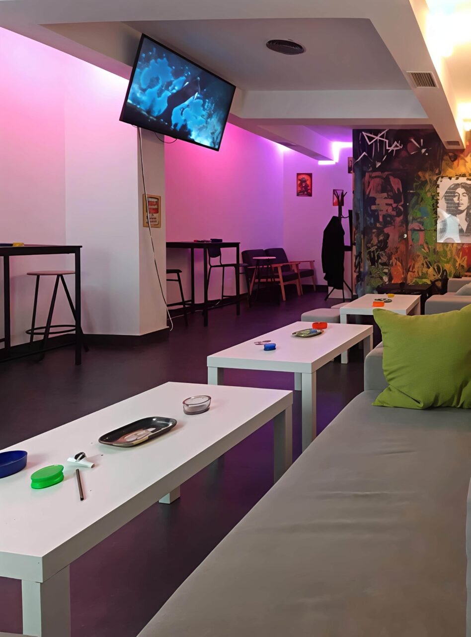 Interior moderno de sal&oacute;n con iluminaci&oacute;n de ne&oacute;n morada en el cannabis club Valhalla en Madrid, con mesas bajas y sof&aacute;s.